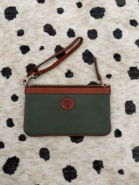 Dooney & Bourke Olive Green Nylon Wristlet with Brown Leather Trim & Strap
